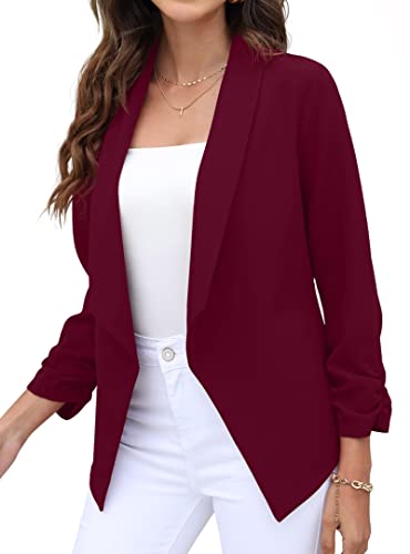 GRECERELLE Womens Blazer Suit Open Front Cardigan 3/4 Ruched Sleeve Casual Work Office Cropped Blazer Jacket for Ladies