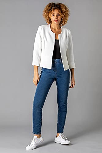 Roman Originals Cropped Bolero Jacket Shrug for Women UK Ladies Jacquard Tailored Fitted Blazer Round Collar Smart Work Formal Evening Wedding Guests Short 2 Pockets