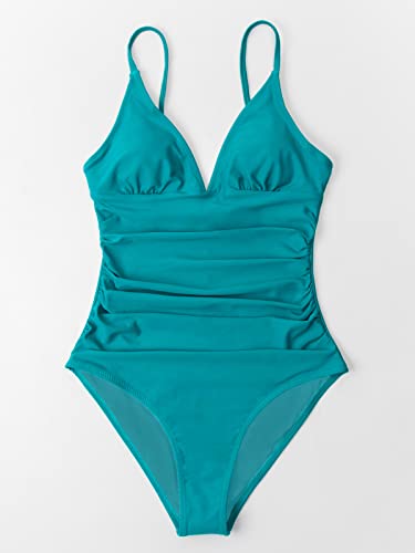 CUPSHE Women Swimsuit One Piece V Neck Tummy Control Ruched Front Low Back Bathing Suit Swimwear