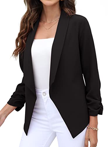 GRECERELLE Womens Blazer Suit Open Front Cardigan 3/4 Ruched Sleeve Casual Work Office Cropped Blazer Jacket for Ladies