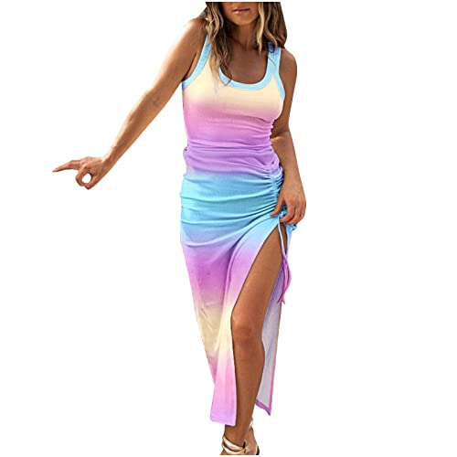 Summer Dresses for Women UK Clearance Sleeveless High Waist Solid and Printed Ribbed Drawstring Ruched Sexy High Slit Dresses Ladies Trendy Dresses for Vacation Cocktail Work Wedding Activewear