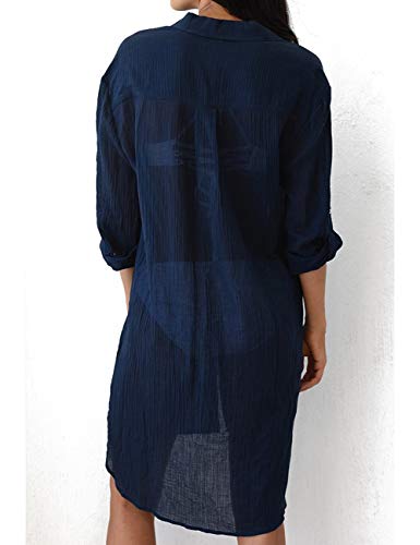 Bsubseach Women Casual Navy Turn Down Collar Bikini Bathing Suit Cover Ups Long Sleeve Beach Cover Up with Pockets