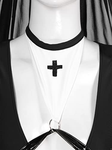 FEESHOW Womens Naughty Halloween Nun Cosplay Lingeries Outfit Sexy Wet Look Faux Leather Costumes