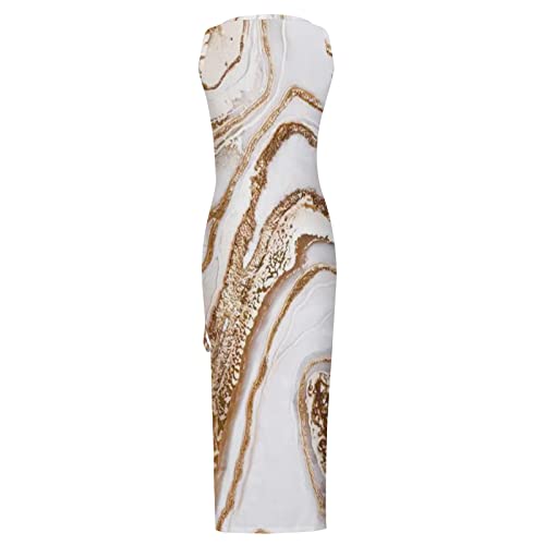 Summer Dresses for Women UK Clearance Sleeveless High Waist Solid and Printed Ribbed Drawstring Ruched Sexy High Slit Dresses Ladies Trendy Dresses for Vacation Cocktail Work Wedding Activewear