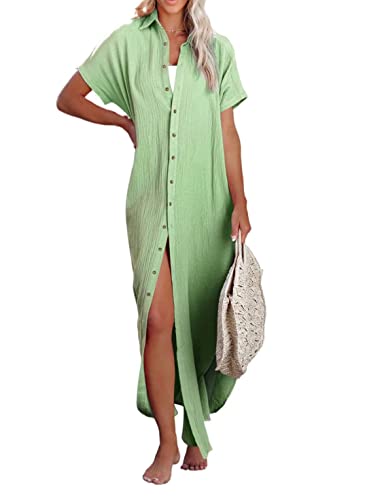 Dokotoo Womens Casual Short Sleeve Side Split Button Down Long Kimonos Cardigans Swimsuit Cover Ups