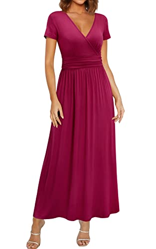 OUGES Women's Summer Casual V Neck Short Sleeve Floral Pattern Wrap Ladies Maxi Long Dress with Pockets