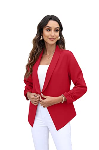 GRECERELLE Womens Blazer Suit Open Front Cardigan 3/4 Ruched Sleeve Casual Work Office Cropped Blazer Jacket for Ladies