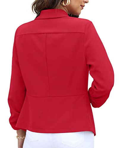 GRECERELLE Womens Blazer Suit Open Front Cardigan 3/4 Ruched Sleeve Casual Work Office Cropped Blazer Jacket for Ladies