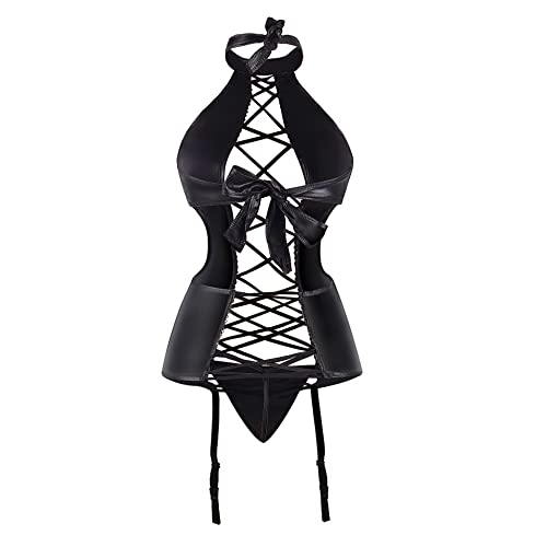 ohyeahgirl Women Faux Leather Babydoll Garter Lingerie Sexy Babydoll Nightwear