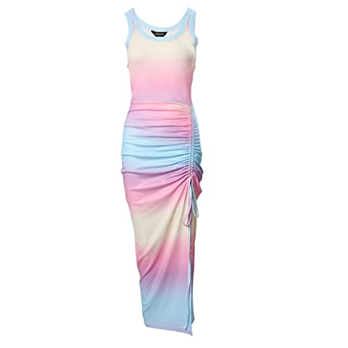 Summer Dresses for Women UK Clearance Sleeveless High Waist Solid and Printed Ribbed Drawstring Ruched Sexy High Slit Dresses Ladies Trendy Dresses for Vacation Cocktail Work Wedding Activewear