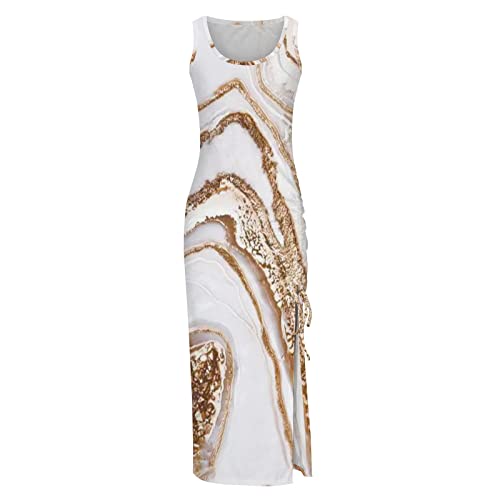 Summer Dresses for Women UK Clearance Sleeveless High Waist Solid and Printed Ribbed Drawstring Ruched Sexy High Slit Dresses Ladies Trendy Dresses for Vacation Cocktail Work Wedding Activewear