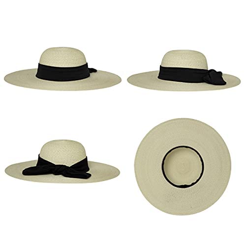 Comhats Sun Hats for Women Foldable UV Protection Large Wide Brimmed Floppy Panama Style Straw Beach Hat Fashionable Fedora Adjustable Beige