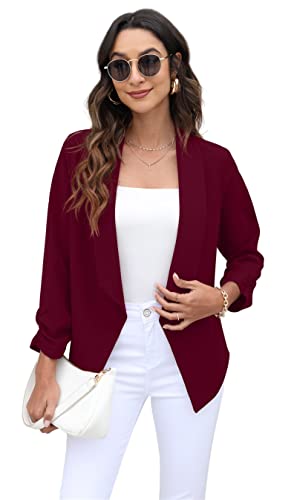 GRECERELLE Womens Blazer Suit Open Front Cardigan 3/4 Ruched Sleeve Casual Work Office Cropped Blazer Jacket for Ladies