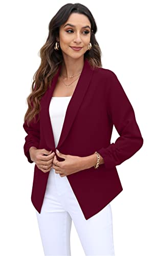 GRECERELLE Womens Blazer Suit Open Front Cardigan 3/4 Ruched Sleeve Casual Work Office Cropped Blazer Jacket for Ladies