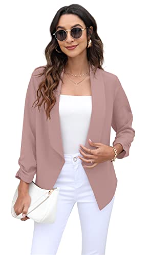 GRECERELLE Womens Blazer Suit Open Front Cardigan 3/4 Ruched Sleeve Casual Work Office Cropped Blazer Jacket for Ladies