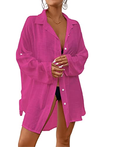 Bsubseach Women Casual Navy Turn Down Collar Bikini Bathing Suit Cover Ups Long Sleeve Beach Cover Up with Pockets