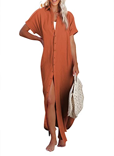Dokotoo Womens Casual Short Sleeve Side Split Button Down Long Kimonos Cardigans Swimsuit Cover Ups