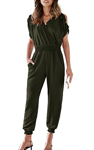 ECOWISH Women's V Neck Spaghetti Strap Drawstring Waisted Long Pants Jumpsuit Rompers