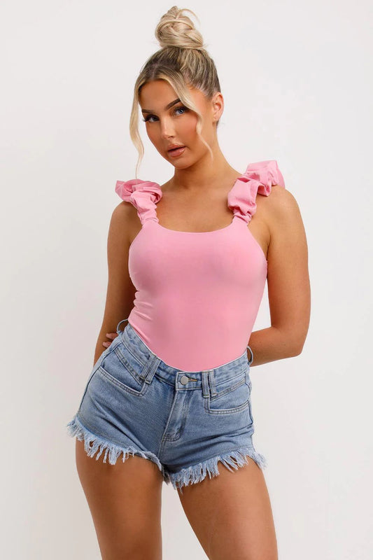 FRILL STRAP HALF SLEEVE RIBBED BODYSUIT PINK