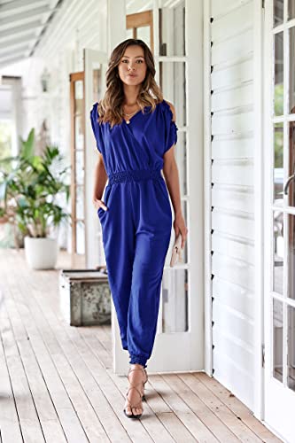 ECOWISH Women's V Neck Spaghetti Strap Drawstring Waisted Long Pants Jumpsuit Rompers