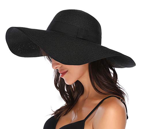 Lanzom Womens 5.5 Inches Wide Brim Straw Hat Floppy Foldable Roll up Cap Beach Sun Hat