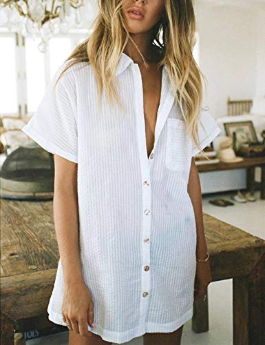 Bsubseach Women Casual Navy Turn Down Collar Bikini Bathing Suit Cover Ups Long Sleeve Beach Cover Up with Pockets