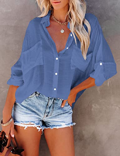 Bsubseach Women Casual Navy Turn Down Collar Bikini Bathing Suit Cover Ups Long Sleeve Beach Cover Up with Pockets