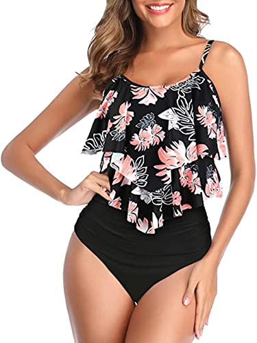 Genfien Swimsuit for Women Two Piece Bathing Suits Ruffled Flounce Top with High Waisted Bottom Bikini Set