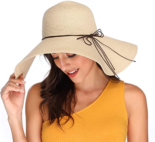 Lanzom Womens 5.5 Inches Wide Brim Straw Hat Floppy Foldable Roll up Cap Beach Sun Hat