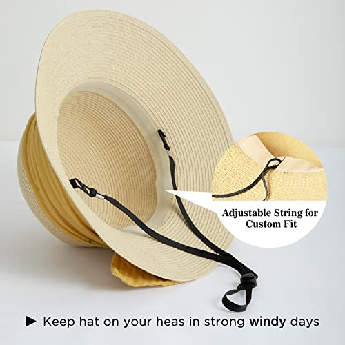 Comhats Sun Hats for Women Foldable UV Protection Large Wide Brimmed Floppy Panama Style Straw Beach Hat Fashionable Fedora Adjustable Beige