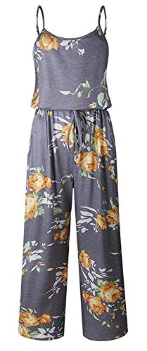 Smile Fish Women Floral Adjustable Spagettic Strap Wide Leg Drawstring Jumpsuits