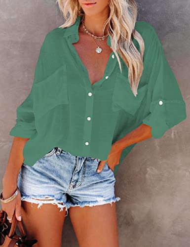 Bsubseach Women Casual Navy Turn Down Collar Bikini Bathing Suit Cover Ups Long Sleeve Beach Cover Up with Pockets