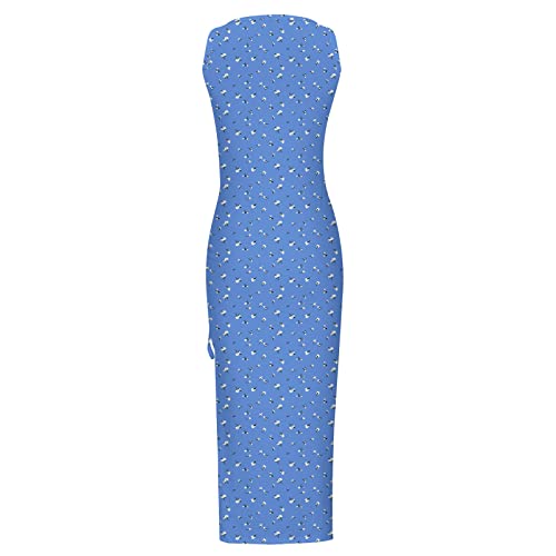 Summer Dresses for Women UK Clearance Sleeveless High Waist Solid and Printed Ribbed Drawstring Ruched Sexy High Slit Dresses Ladies Trendy Dresses for Vacation Cocktail Work Wedding Activewear