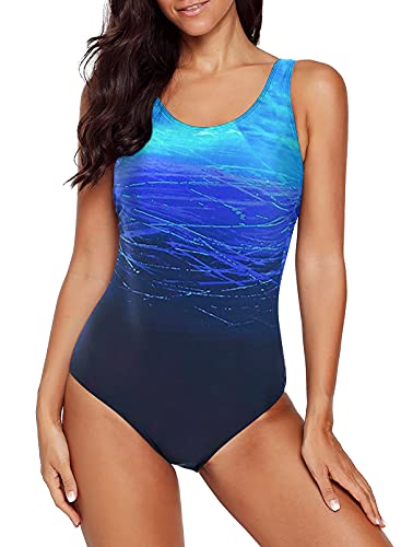 Aleumdr Ladies Gradient Color Block Printed Soft Cup Swimming Suits Sleeveless One Piece Swimming Costume for Women