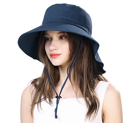 Comhats Ladies Sun Hat Foldable UPF 50 Wide Brim with Neck Protection Summer Spring UV Cotton Safari Gardening Walking Hat with Chin Strap Beige Small