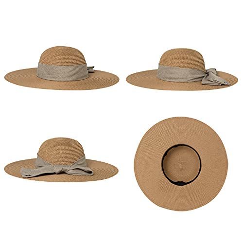 Comhats Sun Hats for Women Foldable UV Protection Large Wide Brimmed Floppy Panama Style Straw Beach Hat Fashionable Fedora Adjustable Beige