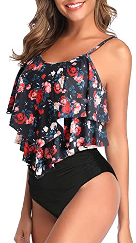 Genfien Swimsuit for Women Two Piece Bathing Suits Ruffled Flounce Top with High Waisted Bottom Bikini Set