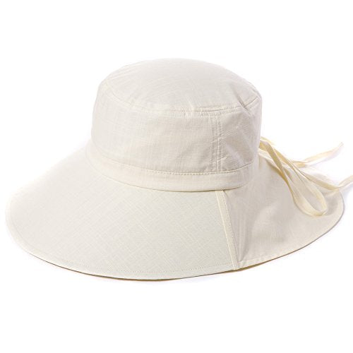 Comhats Ladies Sun Hat Foldable UPF 50 Wide Brim with Neck Protection Summer Spring UV Cotton Safari Gardening Walking Hat with Chin Strap Beige Small