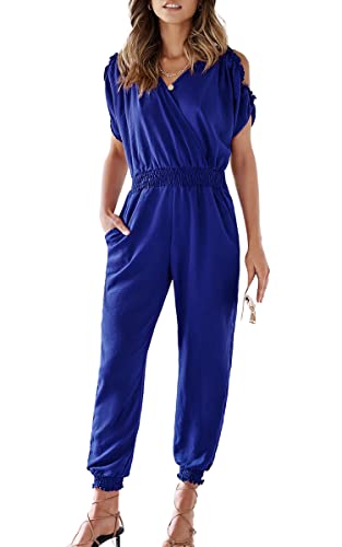ECOWISH Women's V Neck Spaghetti Strap Drawstring Waisted Long Pants Jumpsuit Rompers