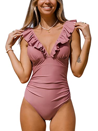 CUPSHE Women One Piece Swimsuit Ruffled Lace Up Beach Swimwear Tummy Control Swimming Costume Bathing Suit