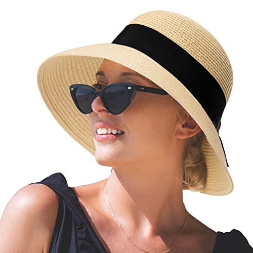Comhats Sun Hats for Women Foldable UV Protection Large Wide Brimmed Floppy Panama Style Straw Beach Hat Fashionable Fedora Adjustable Beige