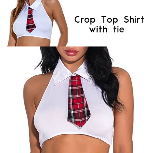 ROSVAJFY Women Sexy Cosplay Lingerie Outfit Set 2 Pcs Costume Preppy Style Shirt Skirt Tie Naughty Wear Button Design Side Split Mini Plaid Fancy Dress Uniform for Party Club Halloween White-Green