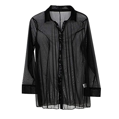 Womens Sexy Sheer Shirt Sleepshirt Pajamas See Through Babydoll Nightshirts Sleepwear Nightwear Long Sleeve Blouse Button Up for Women Ladies Bedroom Sex