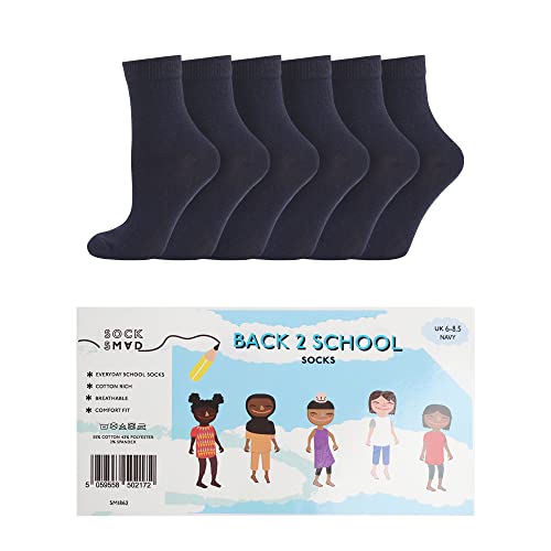 Boys Girls Childrens Kids Back to School 12 Pairs Cotton Rich Plain Ankle School Socks Sizes 0-2½, 3-5½, 6-8½, 9-12, 12½-3½, 4-5½ (7-10y - 12½-3½ Jnr, Navy)