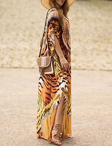 Bsubseach Green Snake Print Loose Kaftan Dress Plus Size Beach Cover Up Half Sleeve Caftan Maxi Dress for Women