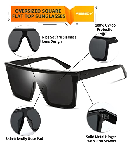 FEISEDY Oversized Flat Top Shield Sunglasses for Women Square Sunglasses Mens UV400 Protection Mirror Rimless Shades