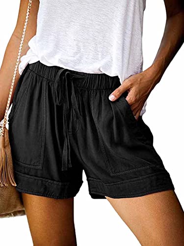 comefohome Womens Drawstring Shorts Summer Cotton Elastic Waist Solid Color Casual Shorts UK with Pockets Blue M