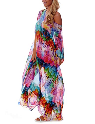 Bsubseach Chiffon Print Shirt Dress Beach Cover Up Loose Turn Down Collar Long Sleeve Bikini Kaftan Cover Ups for Swimwear Women