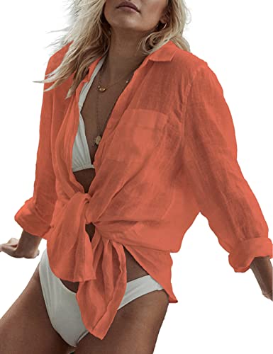 Bsubseach Long Sleeve Beach Shirt Blouses Women Turn Down Collar Bikini Bathing Suit Cover Ups Swimwear Apricot