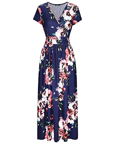 OUGES Women's Summer Casual V Neck Short Sleeve Floral Pattern Wrap Ladies Maxi Long Dress with Pockets